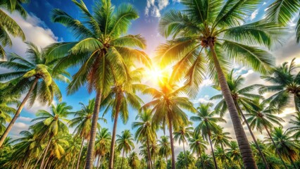 Palm trees bask in warm sunlight as gentle summer breeze rustles their leaves