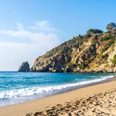Obraz premium Secluded Cove Beach: Turquoise Waters, Sandy Shores & Rugged Cliffs
