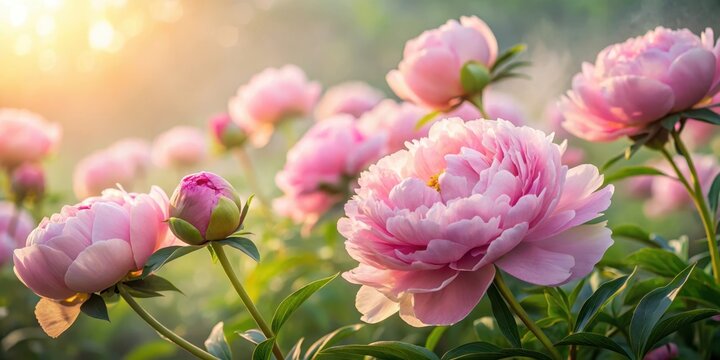 Soft pink peonies gently unfolding in a misty garden at dawn , blooming flowers