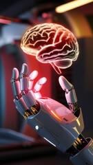 Naklejka premium Robotic hand reaching for glowing pink brain in digital sci-fi setting