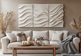 Serene Interior: A tranquil living room showcases a cozy sofa, inviting textures, and artistic wall decor, evoking feelings of calm and sophistication.