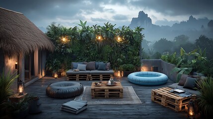 Rustic rooftop patio with jungle view