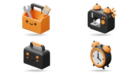 3D Cartoon Icons: Tools, Sewing Machine, Alarm Clock