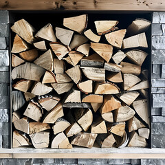 Neatly stacked firewood logs filling a square niche within a modern grey stone wall. Represents home heating, natural fuel, texture, and cozy interiors.
