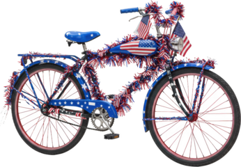 Patriotic Cruiser Bicycle Decorated with American Flags and Festive Tinsel for 4th of July