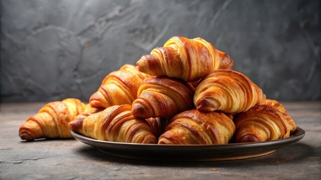 Flaky, buttery layers of freshly baked croissants on a plate, flaky pastry, breakfast food, flaky pastry