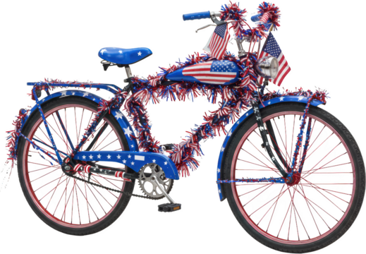 Patriotic Cruiser Bicycle Decorated with American Flags and Festive Tinsel for 4th of July