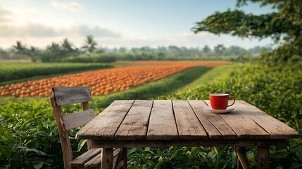 Fototapeta premium Rustic wooden table with red cup overlooking pumpkin field