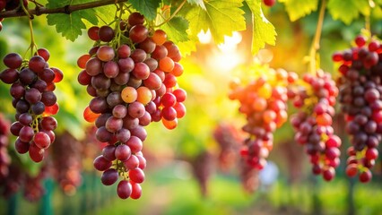 Red grape clusters hanging from a lush green vine in a warm sunlit garden, fruit, botanical,  fruit