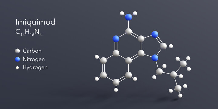 imiquimod molecule 3d rendering, flat molecular structure with chemical formula and atoms color coding