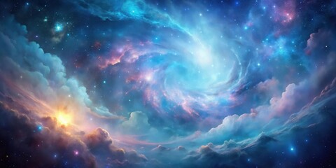 Fototapeta premium Swirling clouds of pastel blue and pink hues in a galaxy nebula background with subtle stars and a dark space