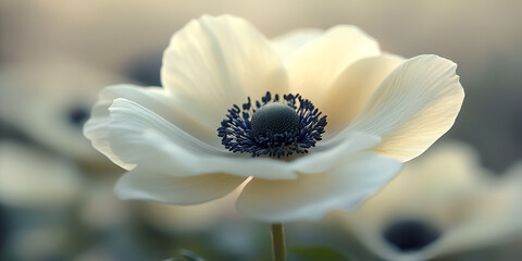  Elegant White Anemone Flower in Bloom | Spring Floral Close-Up, Close-Up of Delicate White Anemone Flower with Blue Center 