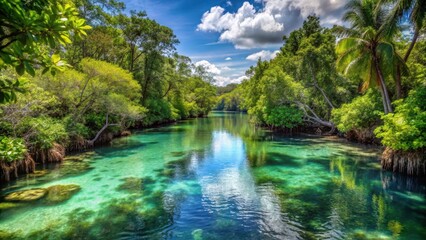 Obraz premium Dense foliage and mangrove forests surround a tranquil river with crystal clear waters amidst lush greenery and vibrant tropical plants, landscape, lush greenery