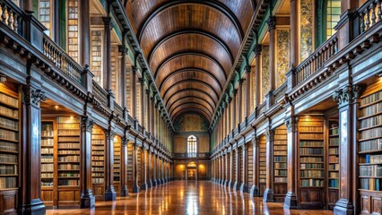 Fototapeta premium High ceilings and ornate wooden paneling adorn a grand hallway leading to the Trinity College Library Dublin's iconic Long Room , historic, library