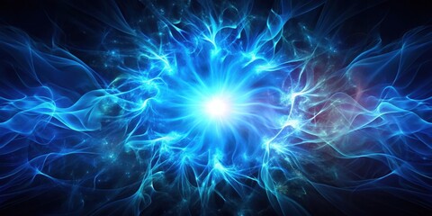 A vibrant blue flare emits a bright glow over a dark and mysterious background, surrounded by wispy tendrils of shadow