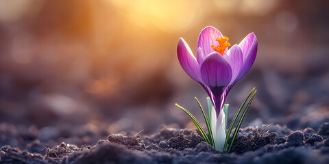 Early Blooming Purple Crocus Flower in Spring Soil | Vibrant Spring Awakening, Close-Up of Crocus Flower Emerging from Earth in Spring, Vibrant Purple Crocus in Soil 