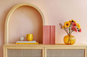 Serene Floral Arrangement: A harmonious display of a vibrant floral arrangement graces a wooden cabinet. The setting exudes a sense of calm and elegance.