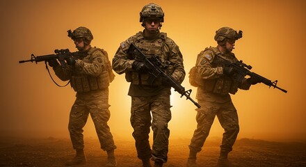 Soldiers Patrolling Terrain with Rifles Against Dramatic Lighting Backdrop