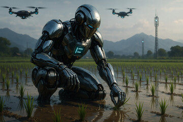 Futuristic agriculture technology robotic farmer rice field digital art drones aerial view innovation in farming