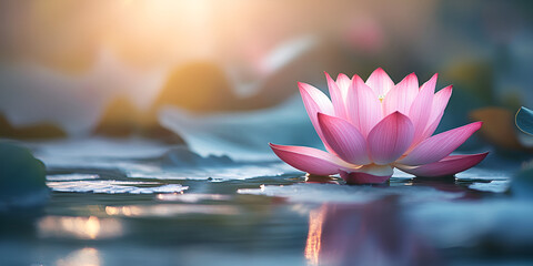 Serene Pink Lotus Flower Floating on Calm Water | Tranquil Nature, Beautiful Lotus Blossom on Water Surface at Sunset | Peaceful Water Flower, Close-Up of Pink Lotus Flower in Pond