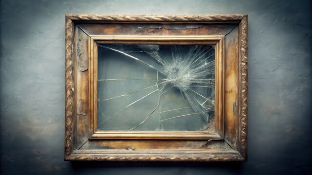 Distressed vintage picture frame with shattered glass on a grey background, revealing the faded image within, broken window, vintage picture frame