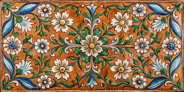Ancient, hand-painted Sicilian ceramic tile with intricate floral patterns and foliage, featuring delicate white flowers against a warm terracotta background , sicilian, floral
