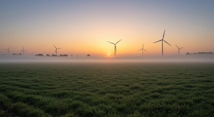 Fototapeta premium Wind park farm with colorful sunset