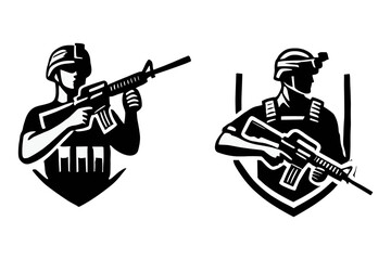 Set of Soldiers with Rifles in Black and White Silhouette