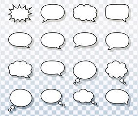 set of outlined comic speech bubbles on transparent vector background,