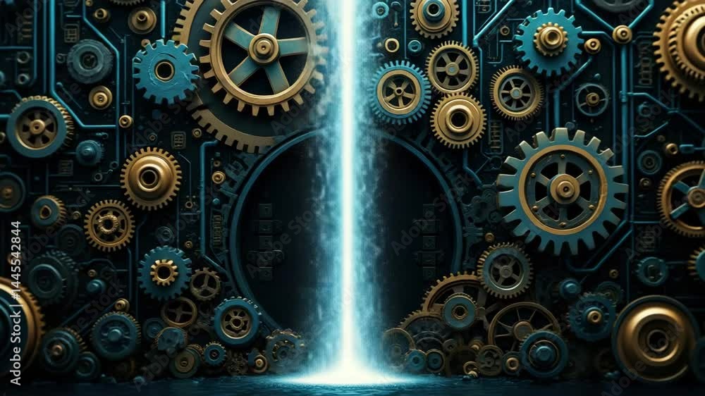 Poster upgrade technology and digital transformation, a captivating image of intricate gears and cogs, with