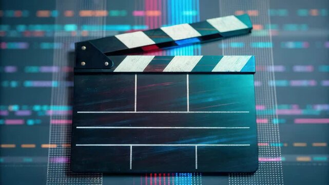 A film clapperboard is displayed against a colorful digital background, symbolizing movie production and media.