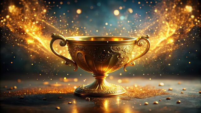 Enchanted elixir overflowing with glittering liquid from a delicate golden cup , enchanted vessel, mystical potion