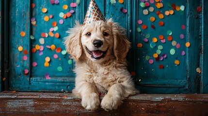 Naklejka na ściany i meble Cute puppy wearing party hat