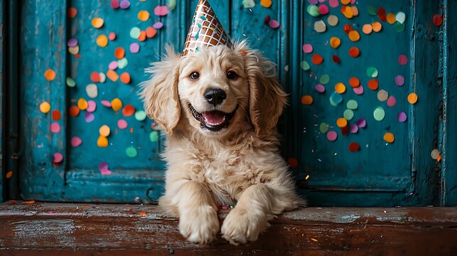 Cute puppy wearing party hat