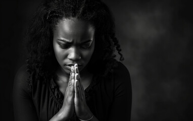 Close-up of woman with hands in prayer and eyes closed – ideal for meditation, spirituality, peace or emotional strength concepts.