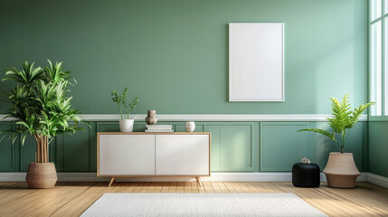 Serene Living Room: A tranquil interior design showcases a minimalist style with wooden floor, framed picture, sideboard and plants creating a sense of calm and sophistication.
