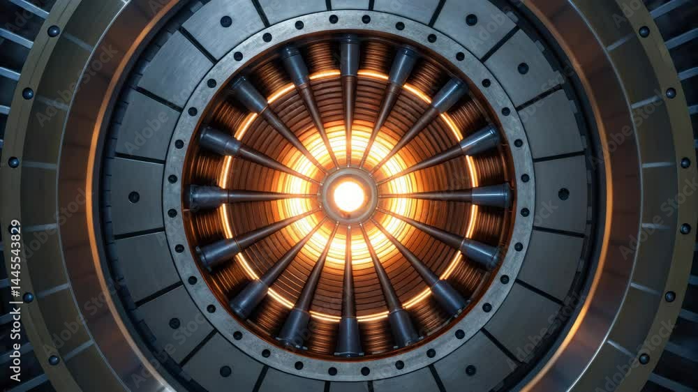 Poster a detailed illustration of a fusion power core showcasing its internal structure and components.