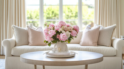 Cozy Living Room: Serene interior featuring a floral arrangement on a coffee table in front of a sofa. Soft light bathes the scene, creating a warm and inviting ambiance.