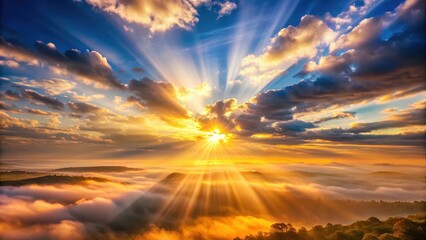 Soft sunlight filtering through wispy clouds forms a bright beam of light in the sky, illuminating the surrounding landscape with gentle warmth and depth , atmospheric effects, serene landscapes