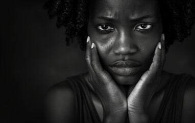 Fototapeta premium Dramatic close-up of a woman pressing her face with hands – ideal for emotion, stress, mental health, or portrait art themes.