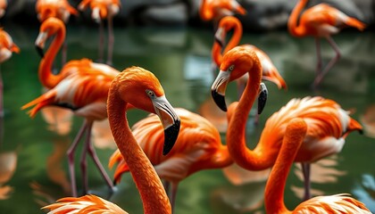 Flamingo Flock Wading in Pond with Bright Orange Plumage Together