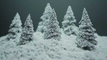 Obraz premium Miniature Trees in Snowy Forest: Perfect Diorama Design for Christmas Decoration with White Pine Trees and Festive Aesthetic in Winter Wonderland Season
