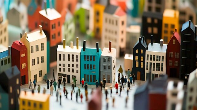 Vibrant Miniature Cityscape Showcasing Colorful Buildings and Lively Urban Scene With Tiny Figures and Intricate Details in Whimsical Playful Design and Architectural Diversity