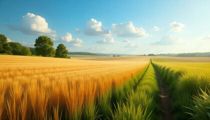 Fototapeta premium Golden Wheat Field Under a Blue Cloudy Sky During Daytime
