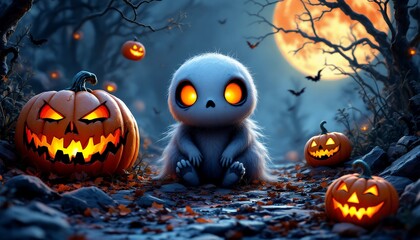 Halloween Forest Scene with Glowing Pumpkins and Cute Monster Figure