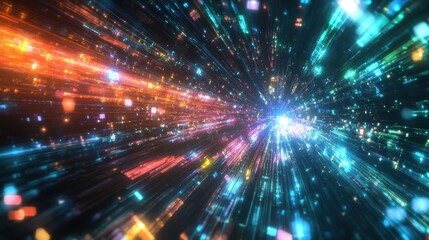 Fototapeta premium Abstract Light Explosion with Colorful Particles in Motion Representing Speed and Dynamic Energy in a Stunning Display of Brightness