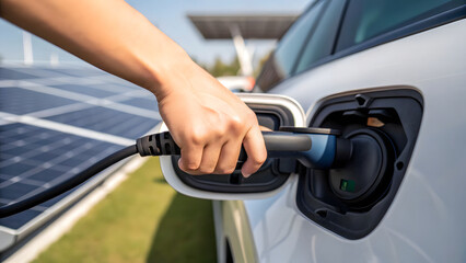 Climate Change Energy Transition Electric car charging with solar panel background showing energy transition for climate change