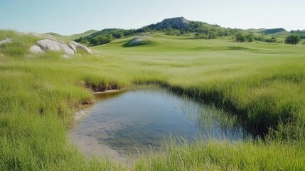 Obraz premium Serene Prairie Landscape with Pond