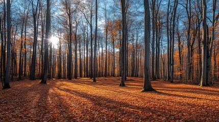 Fototapeta premium Autumn forest sunlight through trees orange leaves scenic nature red fall park woods brown image