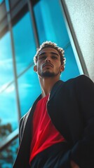 Confident young man with stylish appearance standing in front of modern glass building his reflection visible in the window  Urban architecture and city environment with blue sky in the background